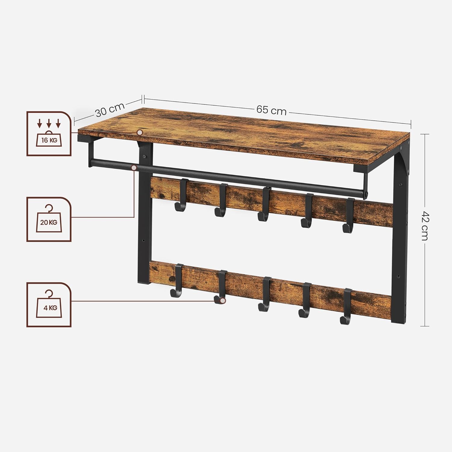 VASAGLE Garderoben-Set, 2 Set, mit Wandgarderobe, Schuhbank