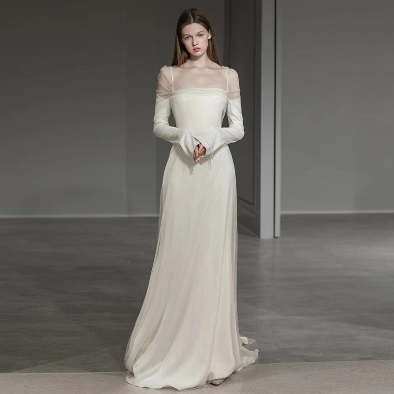 Vestidos luxuosos de casamento sereia cetim, vestidos de festa princesa finos, vestido de noite com gola quadrada, estilo Herben, gaze clara, vintage