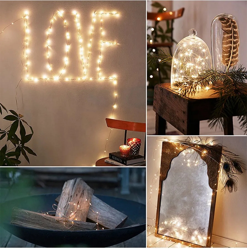 Paquete de 4 guirnaldas de luces LED con enchufe USB, guirnaldas de luces de cobre alimentadas para fiesta, boda, habitación interior, decoración de luces de árbol de Navidad