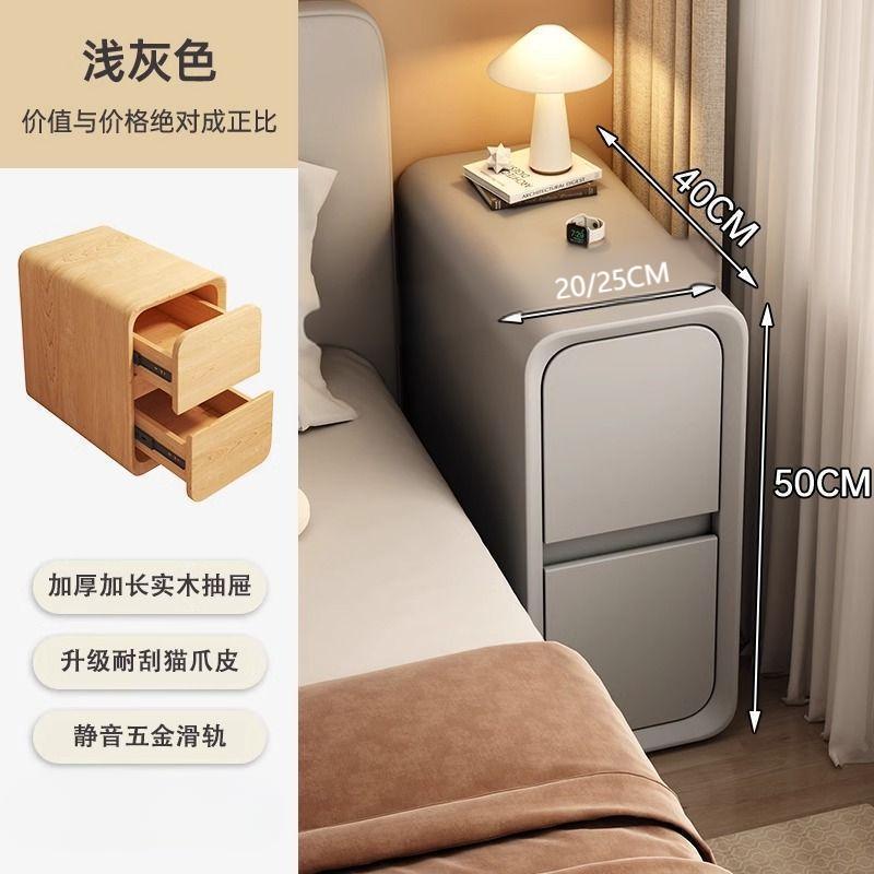 Solid Wood Bedside Table with 2 Drawers No-Leg Design Small Nightstand for Bedroom Minimalist Narrow Storage Cabinet
