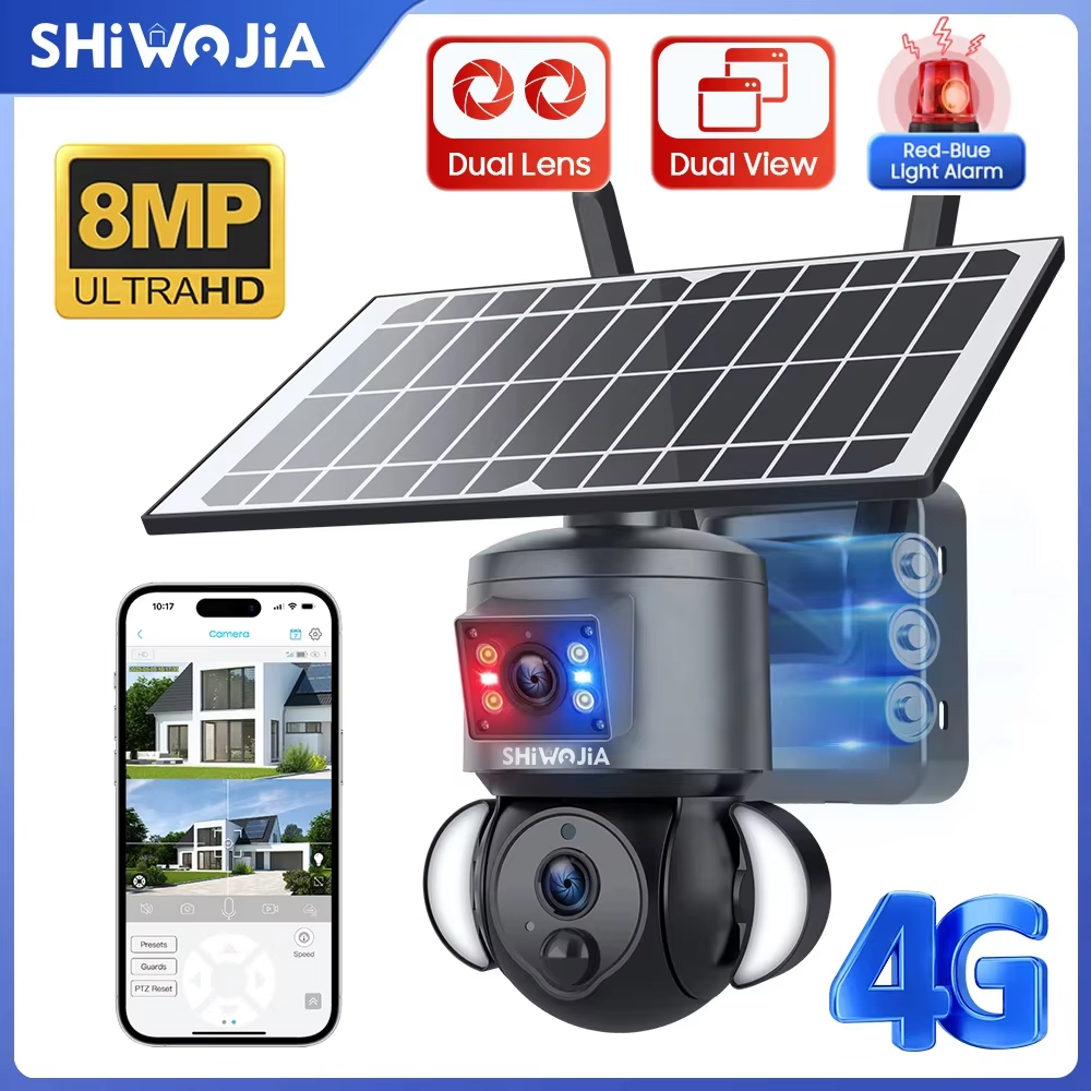 SHIWOJIA 4K 8MP Solarkamera 4G SIM/WIFI Sicherheit Outdoor Dual Lens Aufnahme Humanoiden Tracking Farbe Nachtsicht PTZ Cam