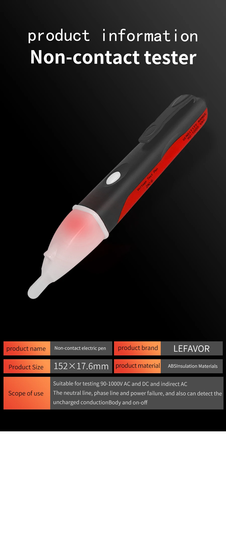Indicador eléctrico AC 90-1000V enchufe sin contacto pared toma de corriente CA Detector de voltaje Sensor probador pluma lápiz de prueba de luz LED