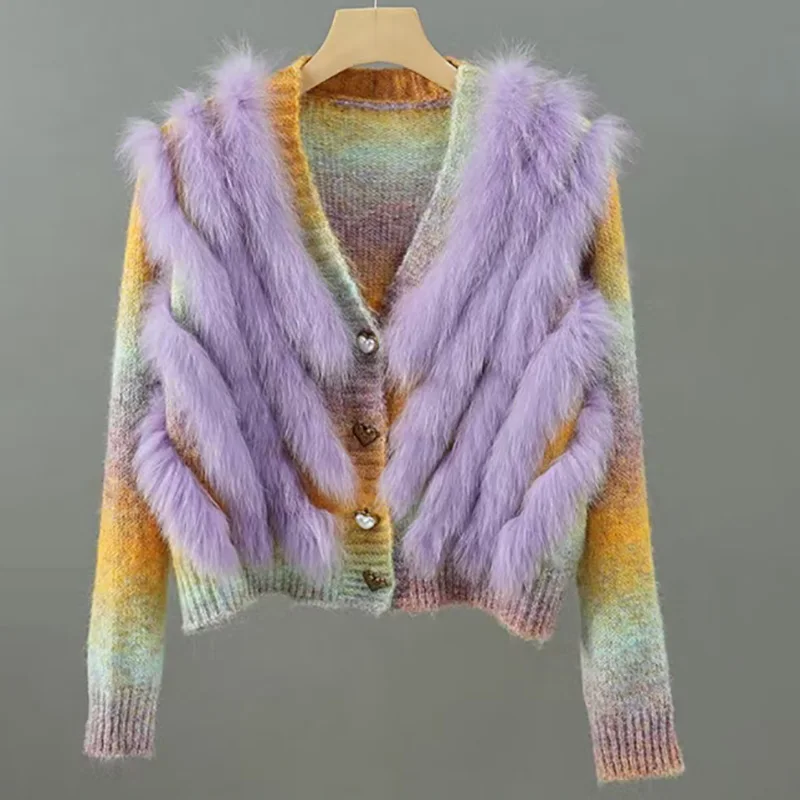 2024 novo outono camisola de malha cardigan com pele de raposa real curto feminino com decote em v pele natural listra cardigans outwear