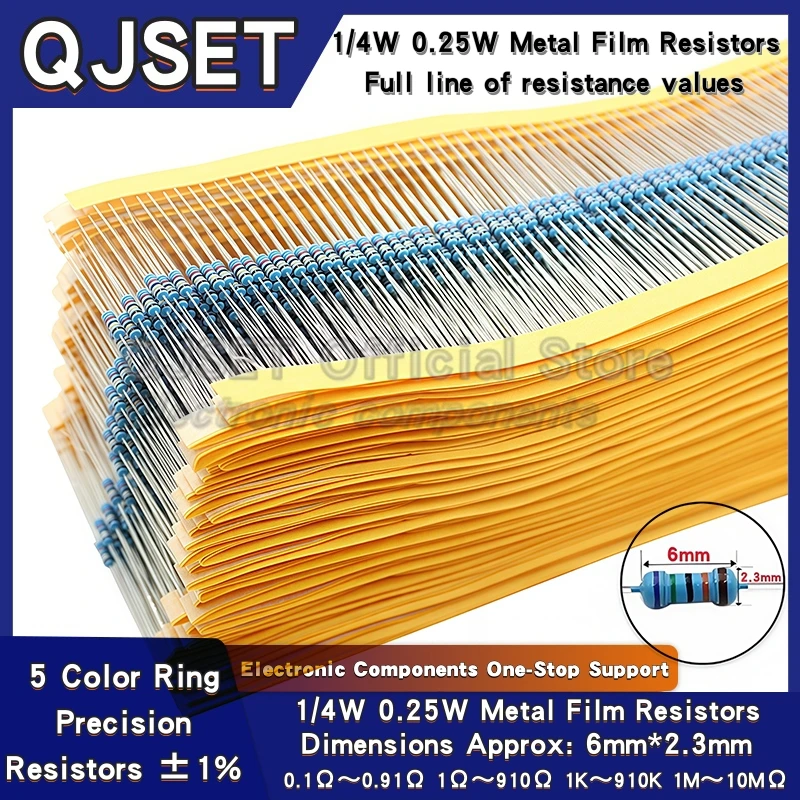 100pcs 1/4W Metal Film Resistor Element 1% 0.25W 1K 1.5K 2.2K 4.7K 10K 22K 47K 100K 470k 100 220  4K7 Ohm 5 Color Ring Resistors