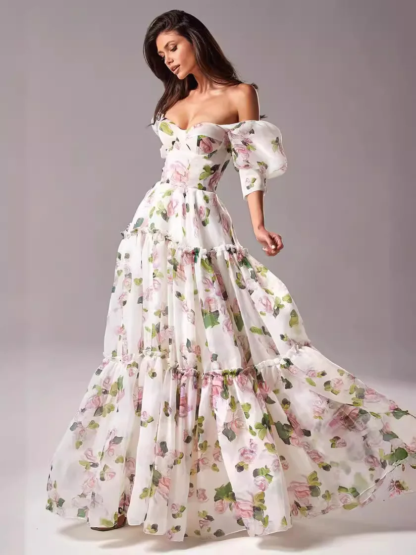 Vestidos de fiesta de noche con estampado Floral elegante para mujer, encantadores vestidos de fiesta de manga corta holgados con hombros descubiertos y cuello barco