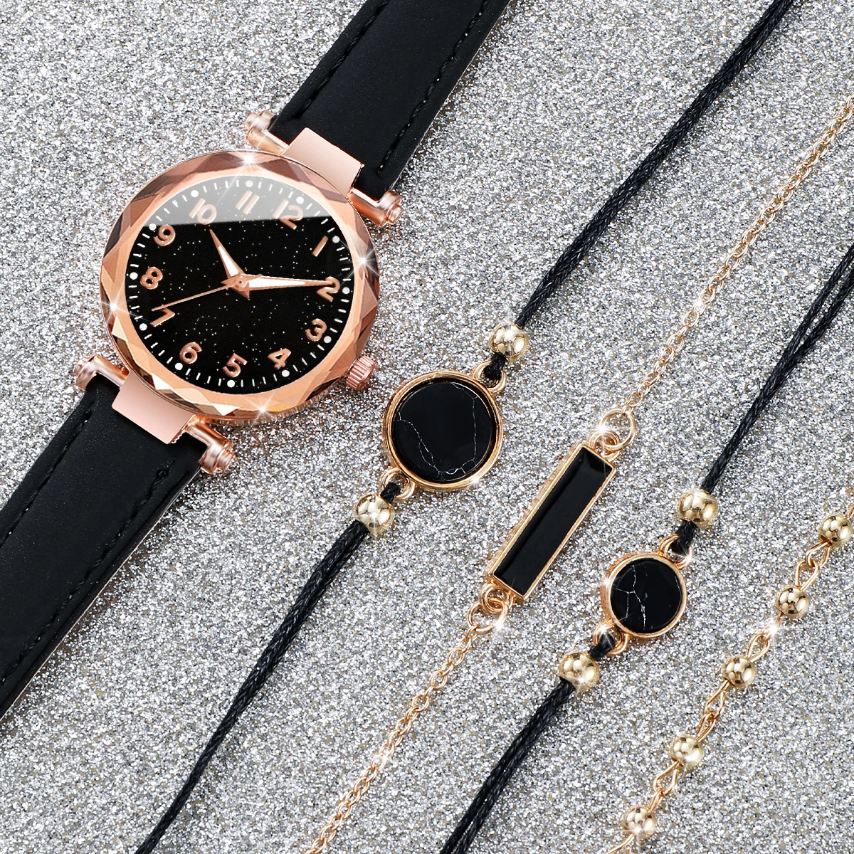 5 unids/set de relojes para mujer, conjunto de pulseras, reloj de cuarzo con banda de cuero y esfera de cielo estrellado a la moda