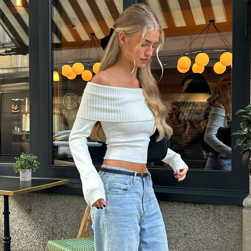WhereMery Solido Elegante Spalle scoperte A costine Crop Top Moda estiva Casual Skinny Manica lunga Canotta Gentle Y2K T-shirt attillata