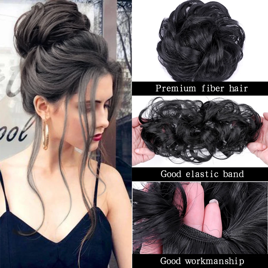 Moño de pelo rizado, moño de pelo sintético, bandas elásticas, cola de caballo, extensión de cabello rizado, pelo corto, cola de caballo de Donut desordenada para mujer