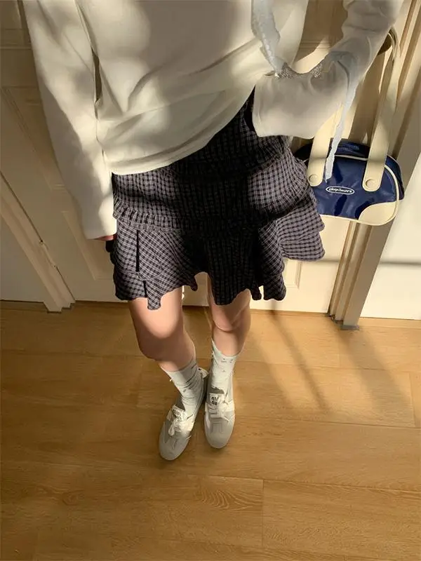 falda a cuadros de cintura alta con borde de imitación ma, estilo pastel, línea A, para mujer, temporada de otoño, in...
