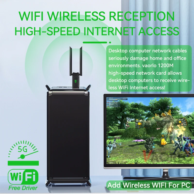 VAORLO Dual Band 1200Mbps WiFi USB Adapter 2.4G+5Ghz Wi-Fi Dongle Receiver USB3.0 High-Speed Wireless Network Card For PC/Laptop