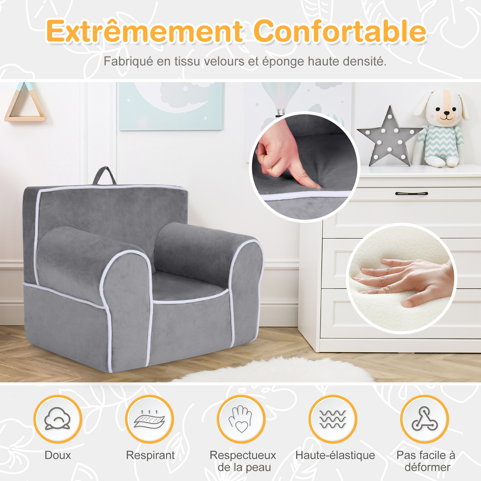 Fauteuil pour Enfant de 0 à 5 Ans, Canapé avec de Tissu en Velours Et Rembourré d’Éponges de Haute Qualité, Chaise pour Salle de Jeux, Chambre, Jardin d'enfants