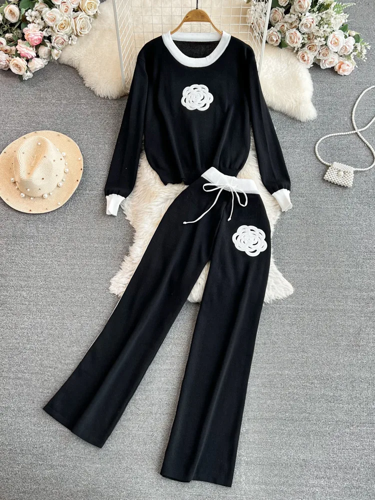 Conjuntos de punto para mujer, pantalones de chándal, trajes de otoño, nuevo jersey de manga larga con flores, suéter + Pantalones de pierna ancha, conjuntos informales de dos piezas