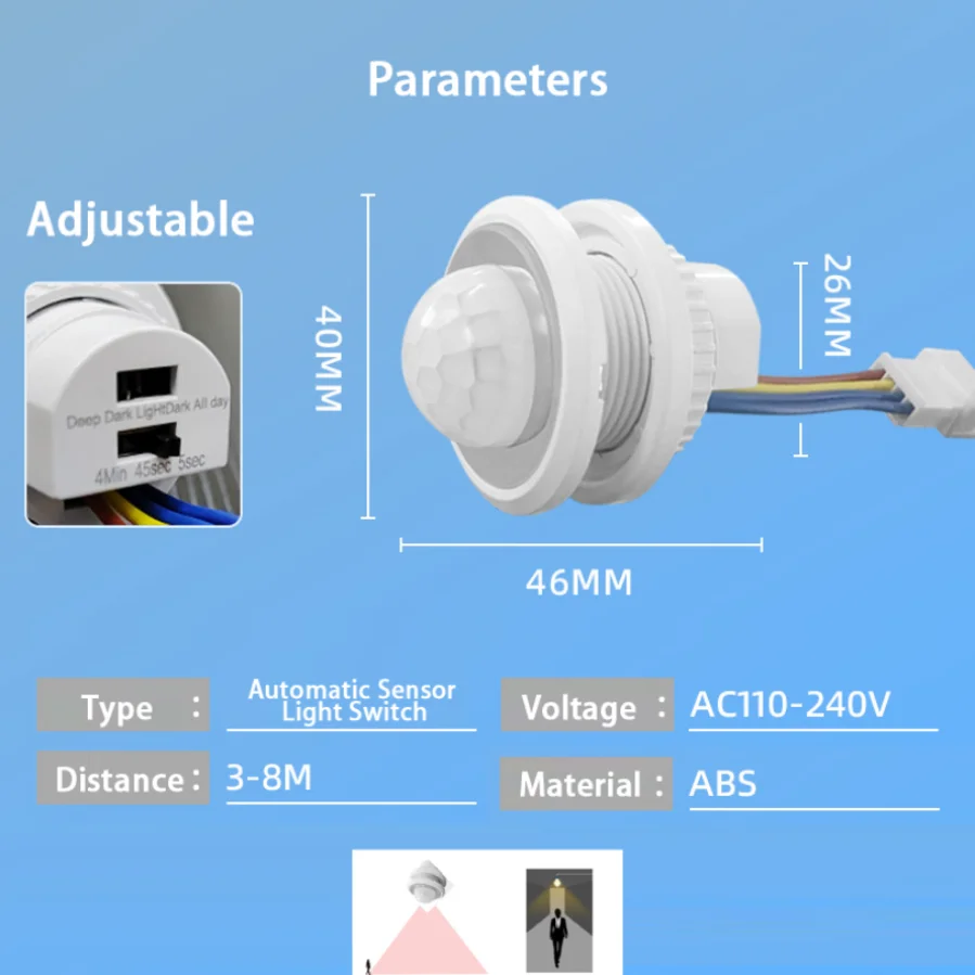 Sensor de movimiento infrarrojo PIR LED ajustable, 85V-265V, Detector de movimiento, interruptor de lámpara, soporte al por mayor