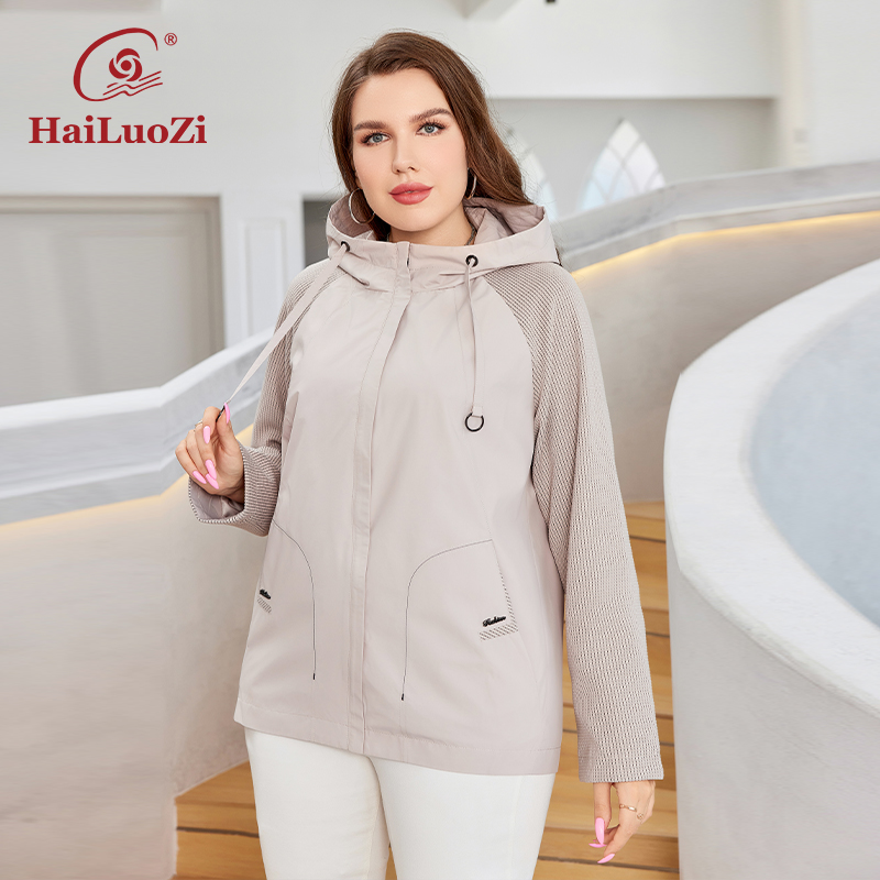 HaiLuoZi 2023 Neue Herbst Frauen Graben Mantel Plus Größe Einfarbig Kurze Gespleißt Mit Kapuze Jacke Schräg Tasche Weibliche Outwear 729