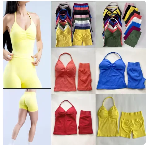 2-teiliges Damen-Yoga-Set, nahtlos, langes Träger-Tanktop, Scrunch-Sport-Shorts, Fitnessstudio-Kleidung, Damen-Sommer-Workout-Outfit