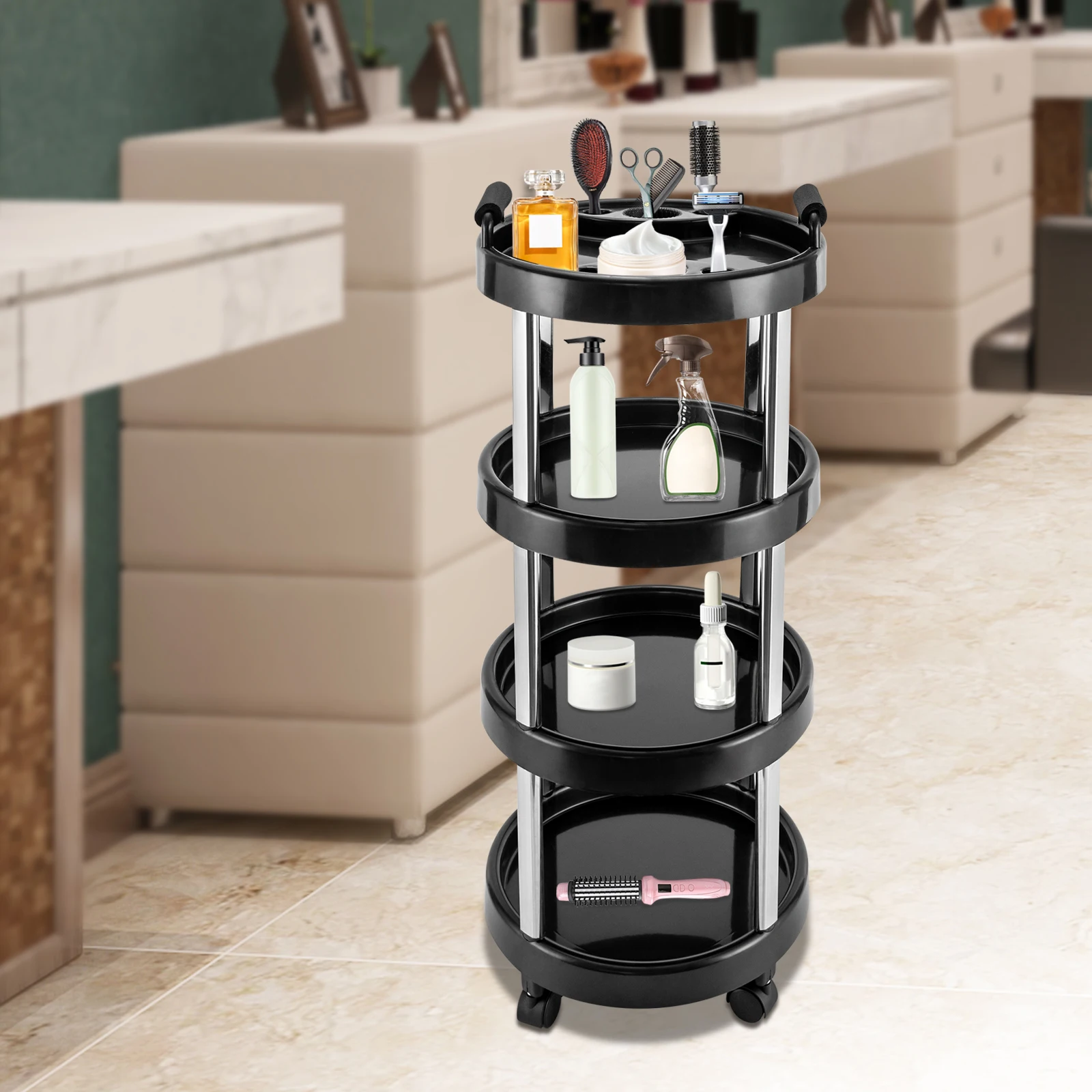 Carrello mobile per salone di bellezza a 4 livelli, parrucchiere, barbiere, carrello per capelli, organizer per cosmetici