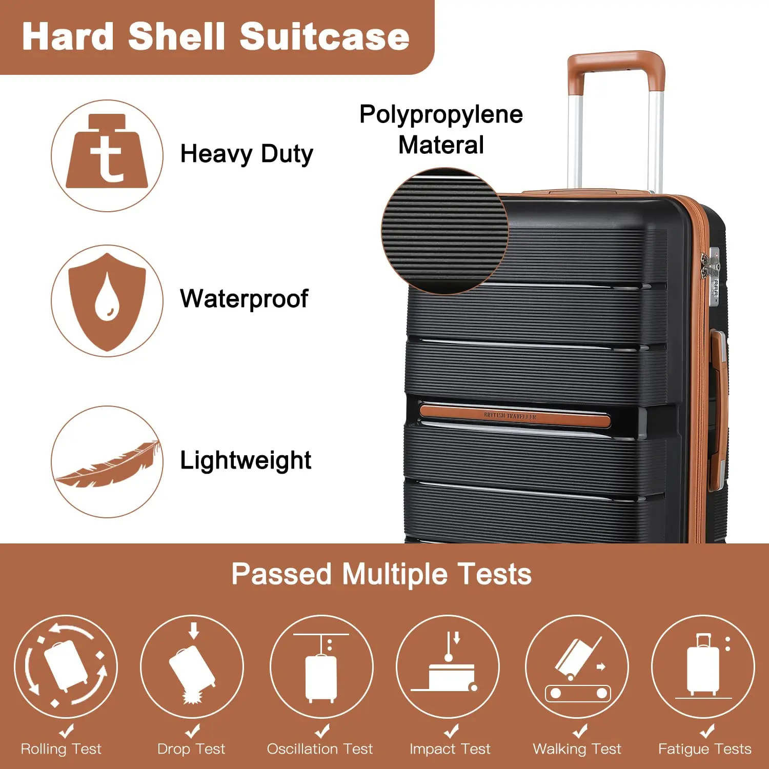 (56/66/76 cm)  | British Traveller Hartschalen-Koffer mit 8 Spinnerrädern & TSA-Schloss | 100% PP | Handgepäcktauglich