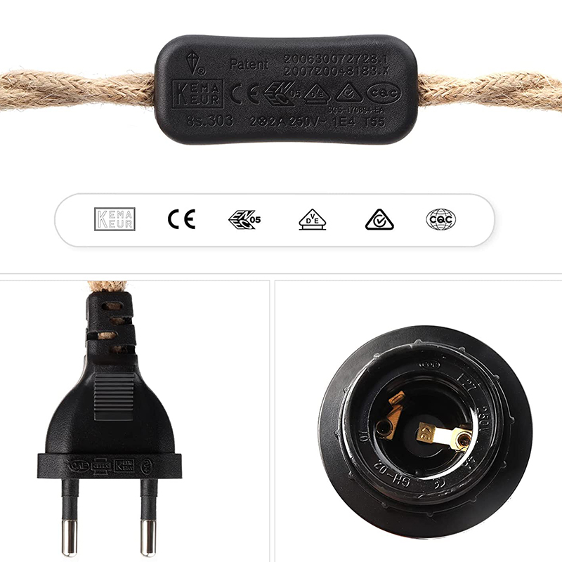 DIY Twisted Cord With Lamp Holder Rope Electrical Wire  E27 EU Plug Plastic Socket Vintage twisted cable with ON OFF Switch