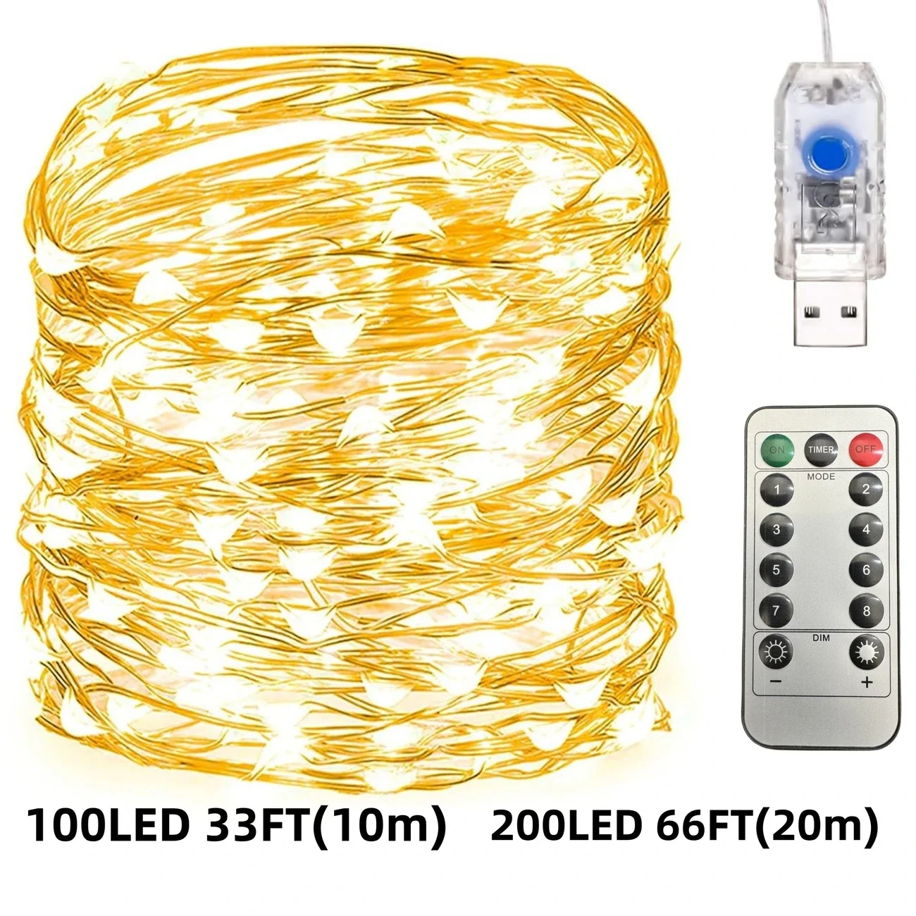 Star USB Fairy String Lights | 66FT 200LED, 33Ft 100 LED | Sliver Wire, Copper Wire | 4 Colors Changing, 8 Lighting Modes, Remot