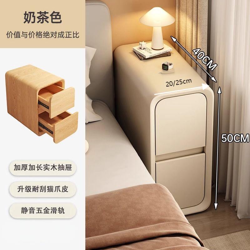 Solid Wood Bedside Table with 2 Drawers No-Leg Design Small Nightstand for Bedroom Minimalist Narrow Storage Cabinet