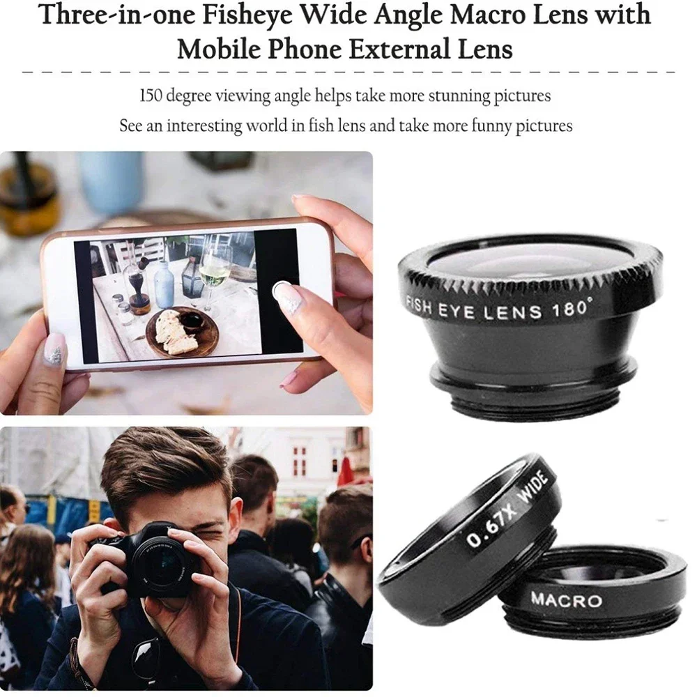 3-in-1 Fish Eye Handy-Kameraobjektiv 180 °   Fish Eye 0,67X Qualität Weitwinkel Makroobjektiv Clip Telefonobjektiv Kit für alle Smartphones