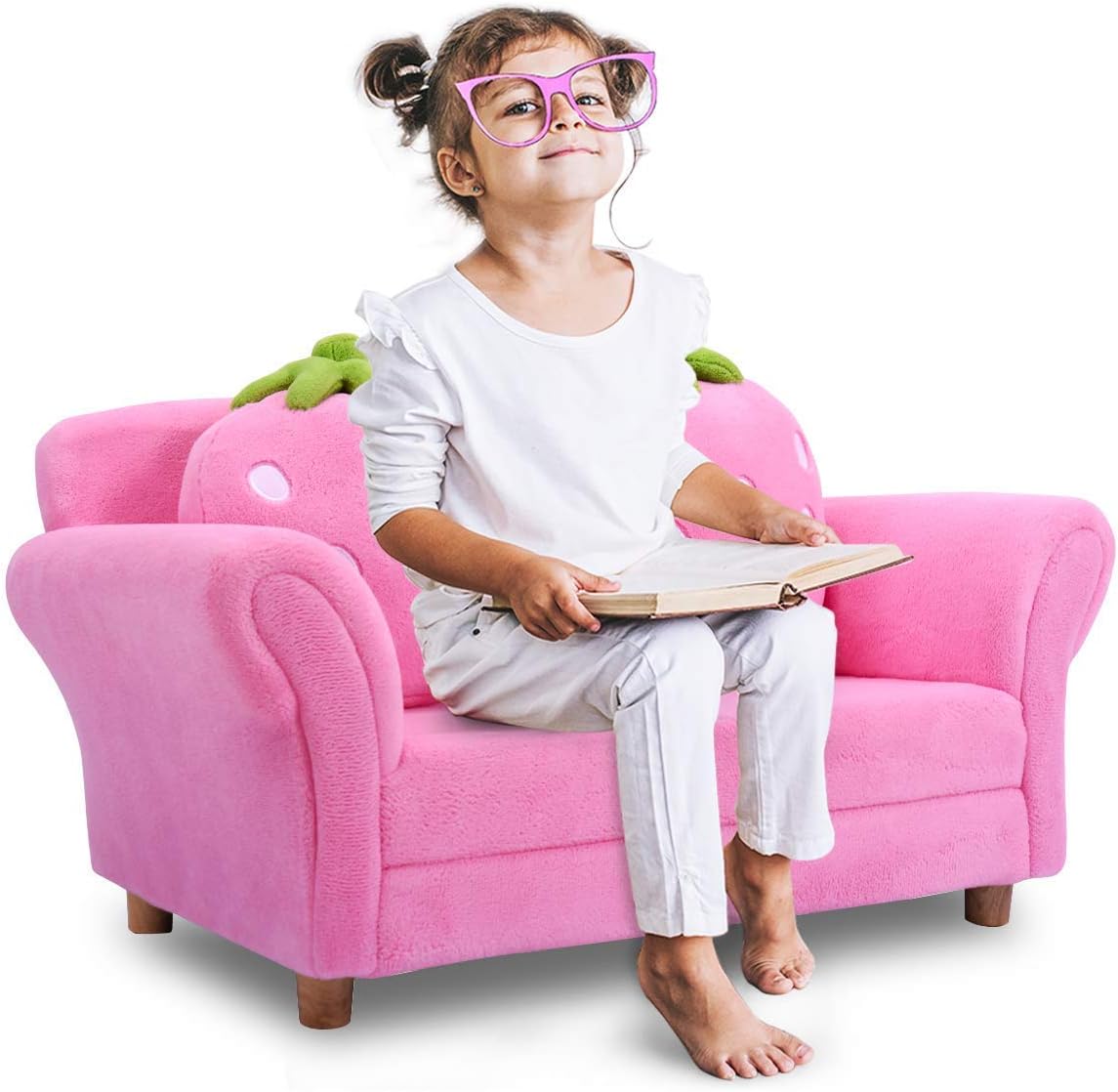 Toddler Couch with Strawberry Pillows, Kids Upholstered Loveseat, Coral Fleece, Wood Frame, Pink
