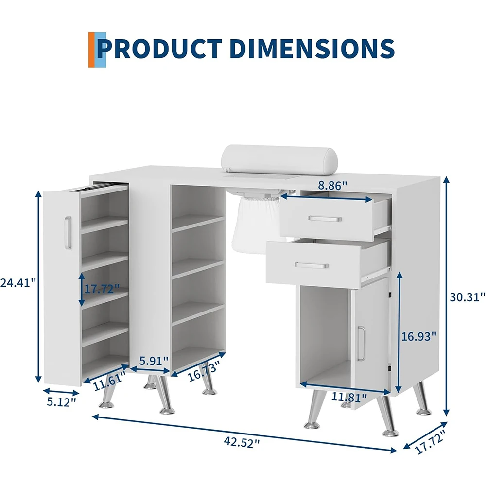 Nail Table Workstation for Beauty Salon Manicure Table Nail Desk with Vertical Locker Storage Cabinet 4-Tiers Open Shelves