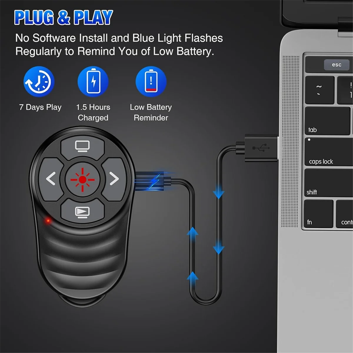 Clicker de apresentação sem fio recarregável usb tipo c aa91, apresentação de anel de dedo powerpoint clicker com ponteiro de luz