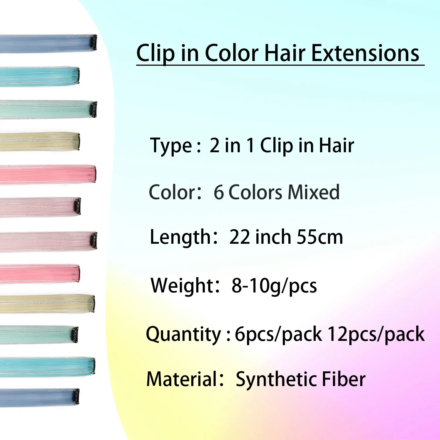 Extensiones de cabello con clip multicolor Mezcla de tinsels Extensiones de cabello de colores, cabello arcoíris 2 en 1 con latas plateadas para niñas y niños