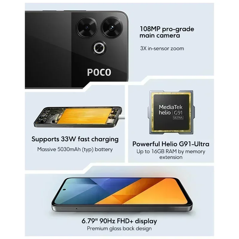 【Мировая премьера】Смартфон POCO M6, глобальная версия, Helio G91 Ultra, 108 МП, основная камера Pro-Grade, 33 Вт, быстрая зарядка, аккумулятор 5030 мАч