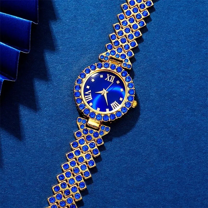 Nuevo reloj de lujo para mujer, collar, pendiente, reloj de pulsera de moda con diamantes de imitación azules, relojes informales para mujer, conjunto de joyería, reloj femenino