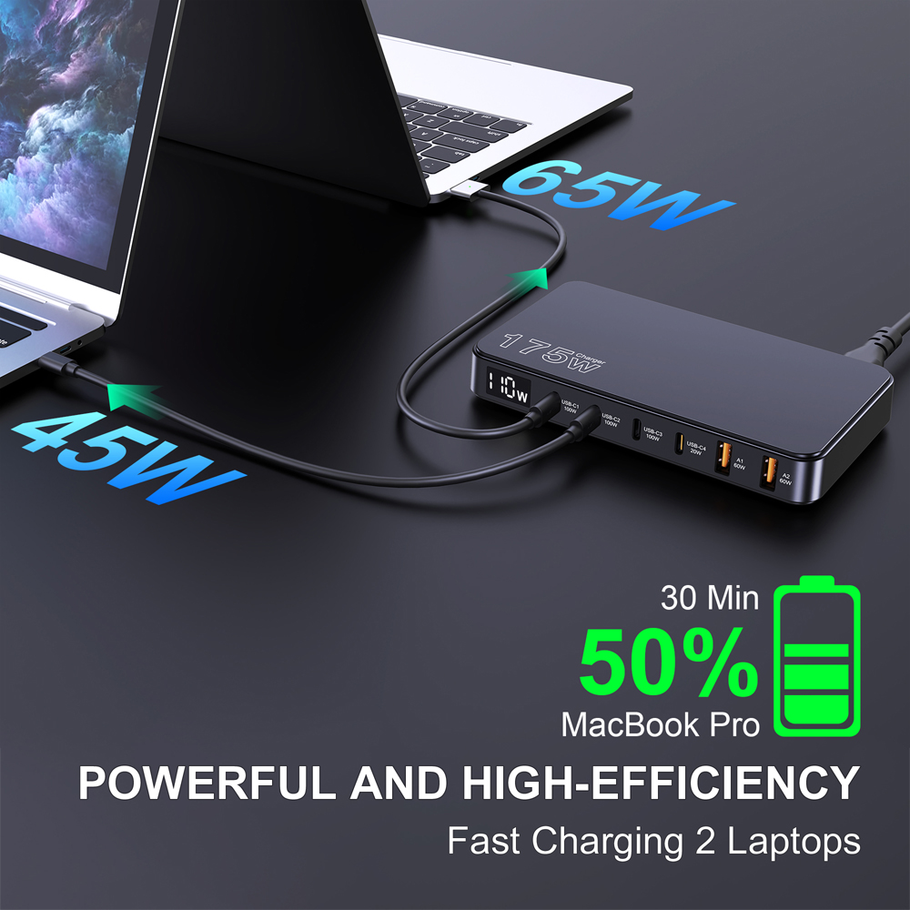 Ueetop 175 W GaN USB C Ladegerät LED-Anzeige 6-Port-Desktop-Ladegerät Typ C PD 100 W PPS 45 W Schnellladung für MacBook Samsung iPhone