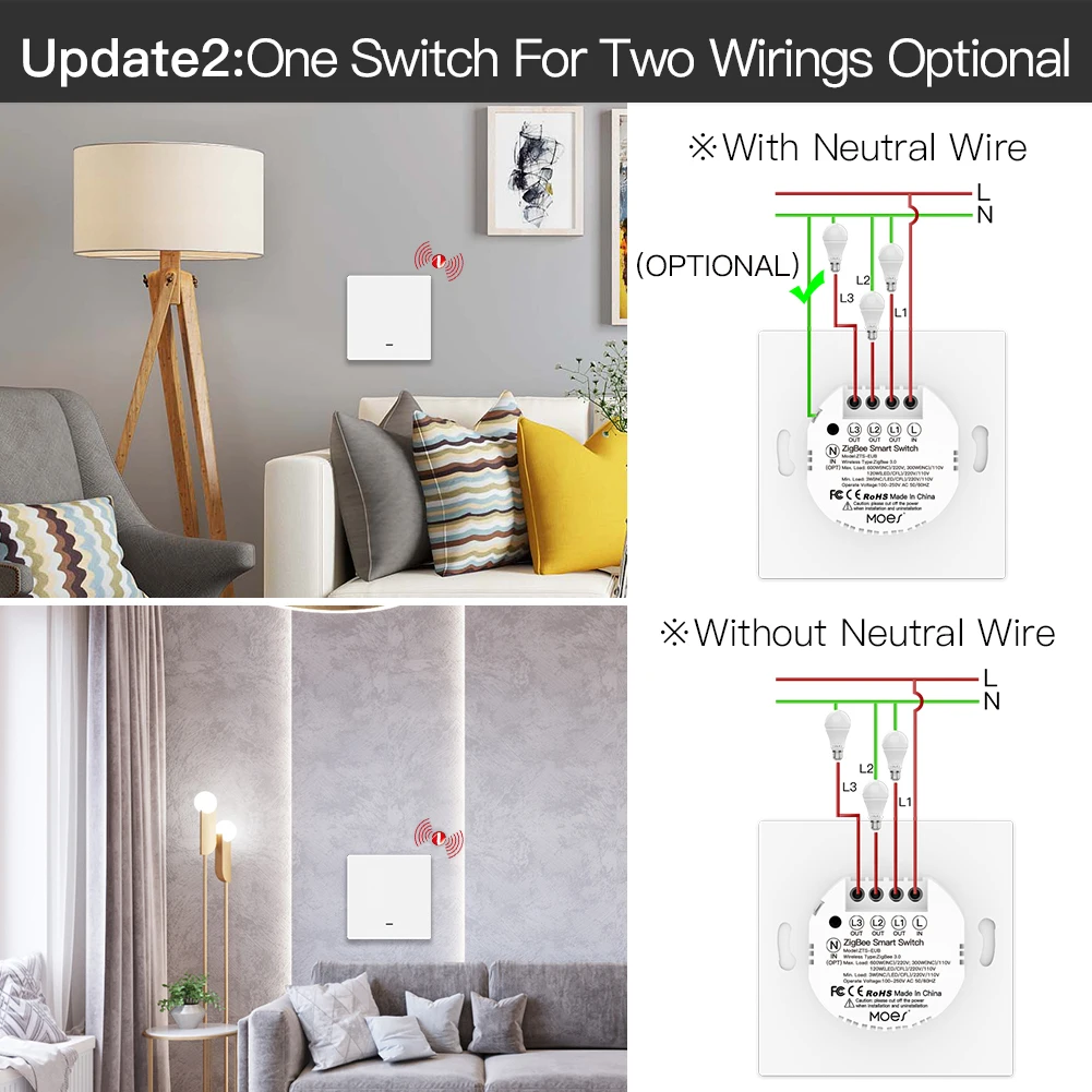 MOES Tuya ZigBee slimme lichtschakelaar Geen neutrale draad Geen condensator nodig Smart Life 2/3-weg Werkt met Alexa Google Home 2mqtt
