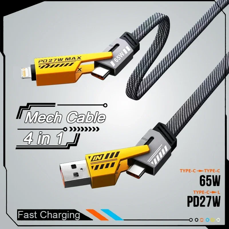 4 in 1 Mecha Fast Charging Data Cable Cord PD 27W For iPhone 15 Samsung Xiaomi 65W USB Type C Multi Port Quick Charge Wire Line