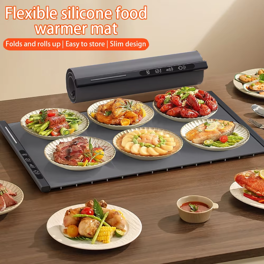 Electric Warming Tray Foldable Food Warmer Mat with 3 Tem Setting Fast Full Surface Heating Portable Electric Food Warming Tray