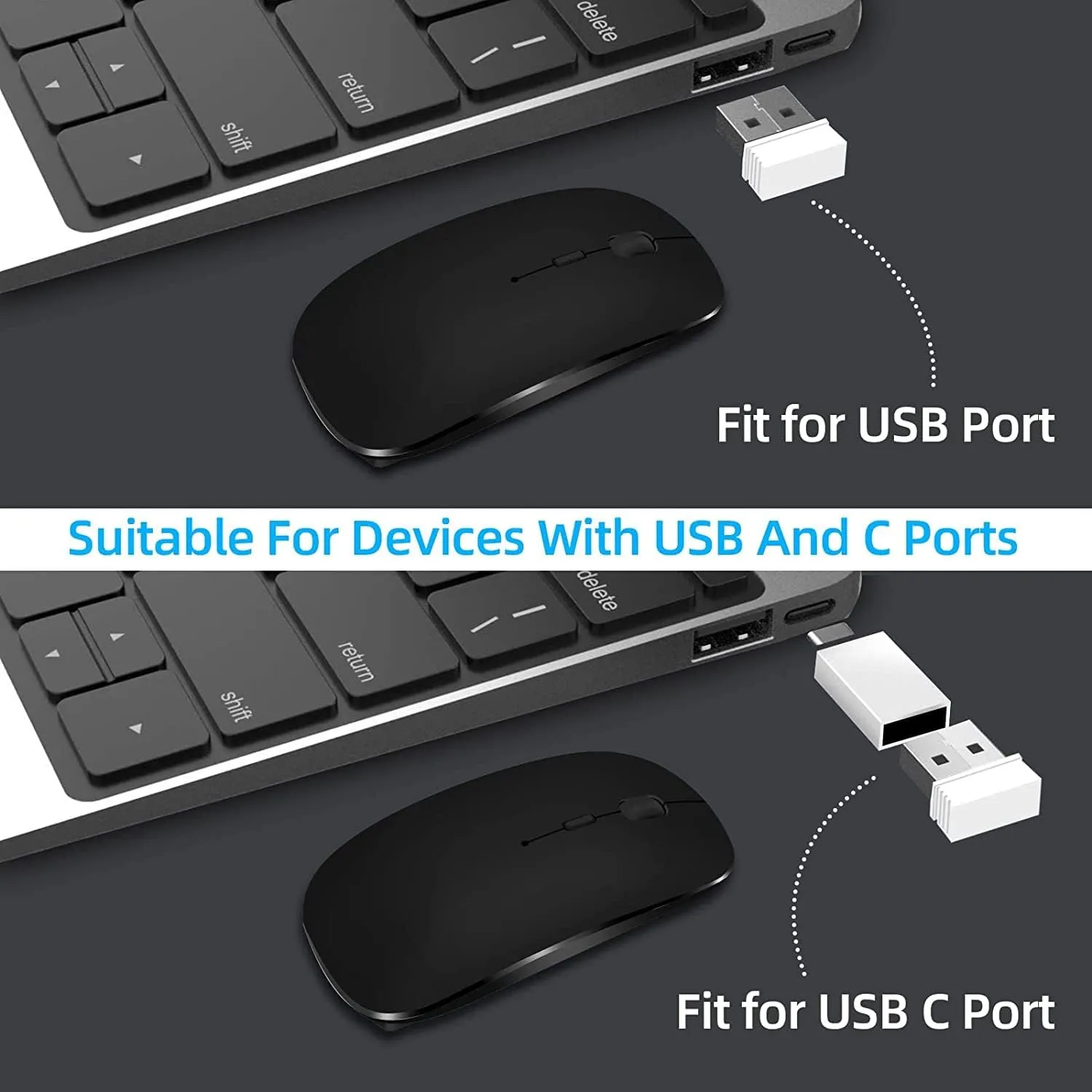 Mouse sem fio recarregável, modos duplos, bluetooth, compatível com 2.4g, usb, mouse para laptop, ipad, tablet, notebook, mouse para jogos