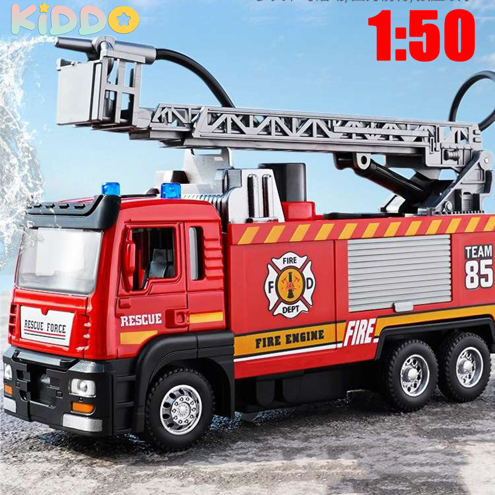 1:50 caminhão de bombeiros liga diecast simulação sprinkler brinquedo com música leve spray água carro resgate brinquedo das crianças caminhão bombeiro