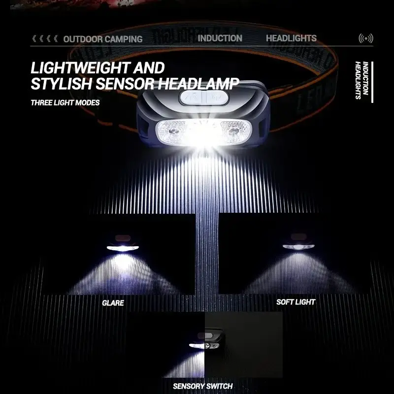Linterna frontal LED con Sensor de inducción, recargable por USB linterna de cabeza, impermeable, para deportes al aire libre, 4 modos