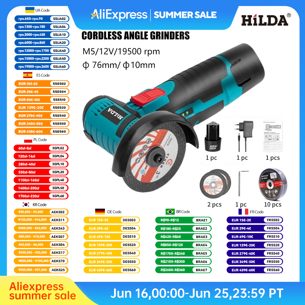 HILDA-amoladora angular eléctrica de litio, 12V/3 pulgadas, Mini máquina de corte manual pequeña para el hogar, pulidora