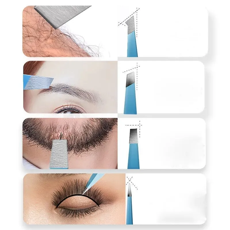 Pinzas de cejas de acero inoxidable, herramienta de belleza de pelo colorido, extractor de pelos finos, pinzas de cejas inclinadas, eliminación de maquillaje