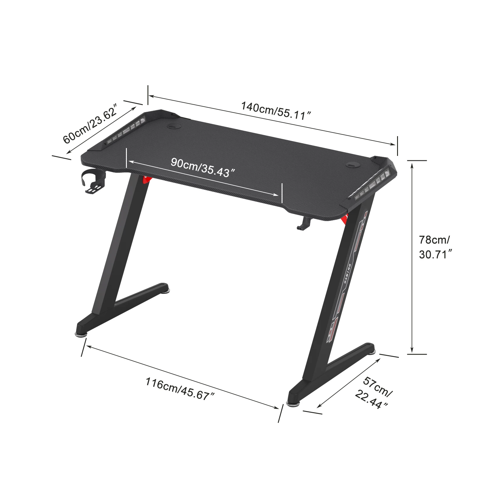 Luci LED RGB dinamiche extra large da 140 cm Scrivania da gioco Robusta casa ufficio PC Scrivania per computer Tavolo da gioco Gambe in metallo
