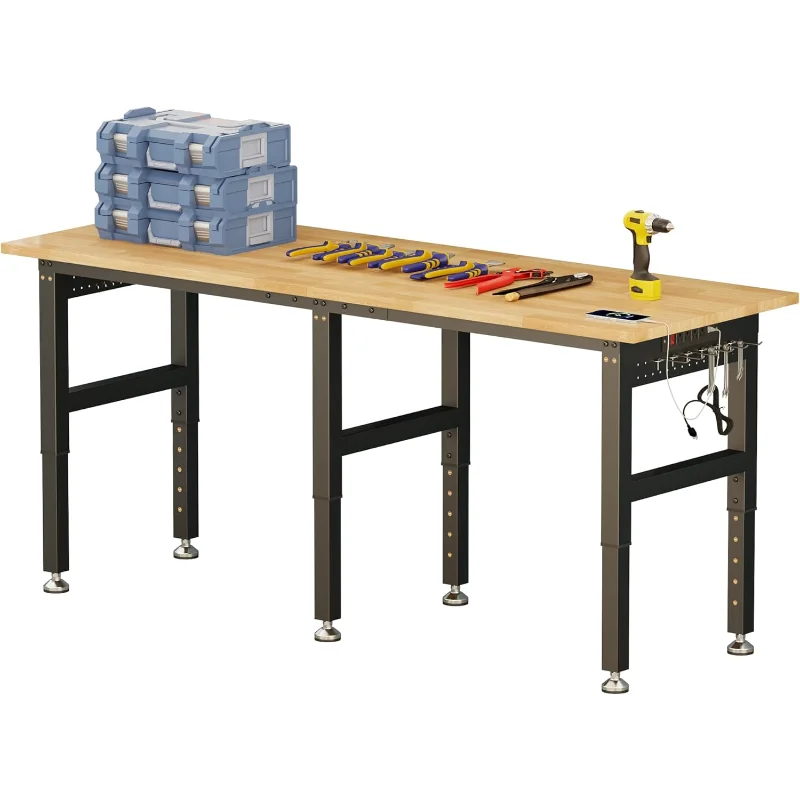 72“ Adjustable Heavy Duty Workbench with 4 AC Outlet and 2 USB Ports Power Outlets, 5000 Lbs Capacity, Rubber Wood Top