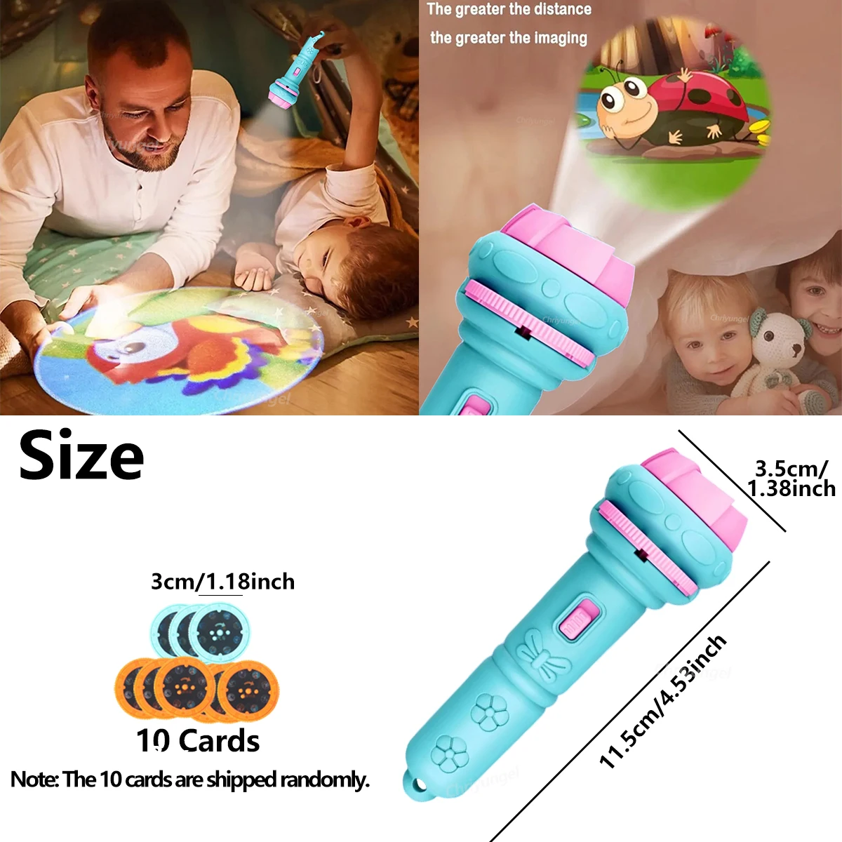 10-Karten-Cartoon-Projektions-Taschenlampe, 80 Muster, kreative Kinder-Taschenlampe, Spielzeugprojektor, Babyspielzeug, Gute-Nacht-Geschichten-Buch-Spielzeug