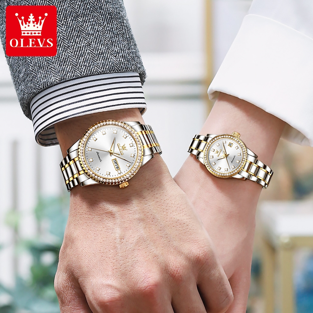 OLEVS-reloj mecánico automático para hombre y mujer, pulsera con esfera de diamante, marca de lujo para amantes, regalos de boda, nuevo