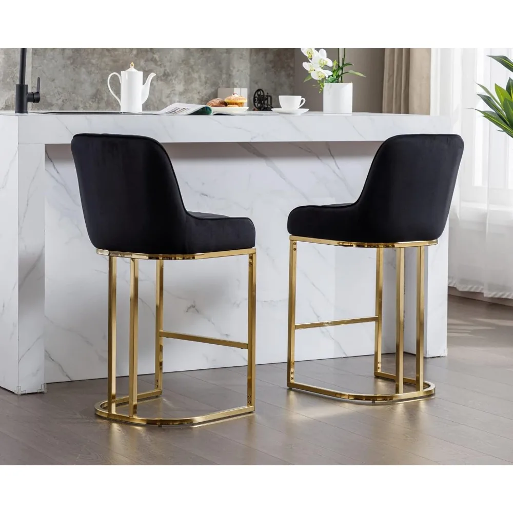 Modern Counter Height Bar Stools Set of 2 Comfortable Velvet Upholstered Breakfast Barstools with Back and Gold Base