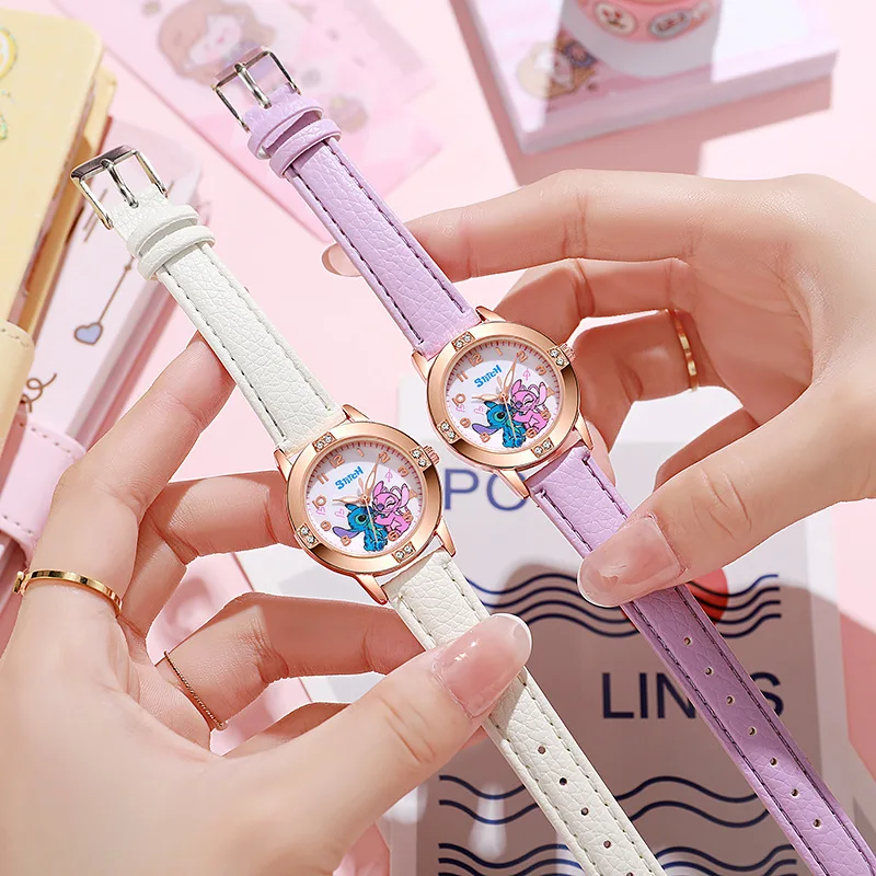 แฟชั่นการ์ตูนรูปแบบ Stitch นาฬิกาเด็กสายหนังนาฬิกาเด็ก Rhinestone Dial reloj stich ประณีตของขวัญ