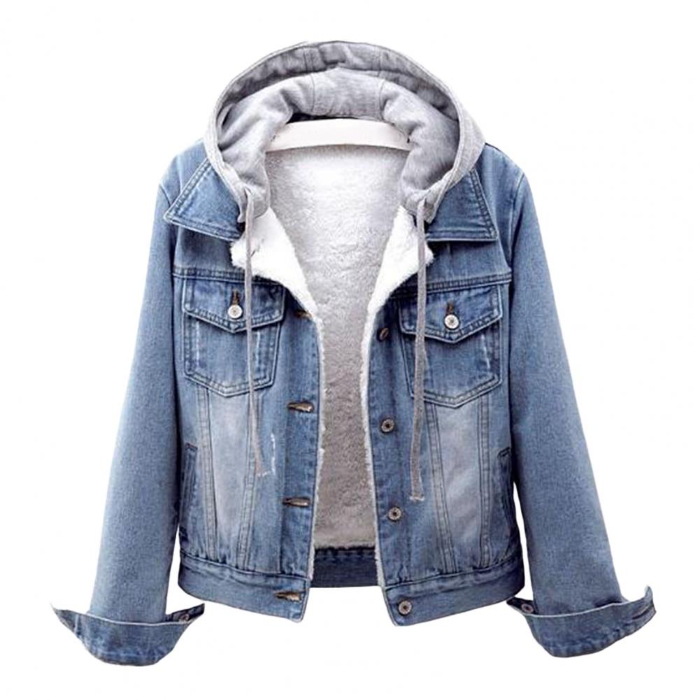 Frauen Winter Jacke Mit Kapuze Solide Lange Ärmel Abnehmbare Hut Dicke Warm Halten einreiher Plus Größe Plüsch Denim Winter mantel