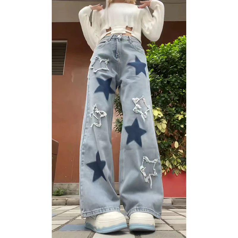 女性用ブルーデニムジーンズ,ハラジュクハイウエスト,ワイドレカウボーイ,90年代の服,y2k,2000s, 2024