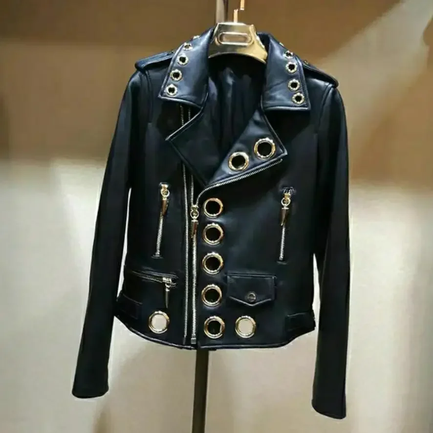 Chaqueta de motocicleta de cuero sintético para mujer, abrigo de bombardero de locomotora, cárdigan con cremallera, anillos de Metal, ropa de calle hueca, Tops cortos, Chic, otoño