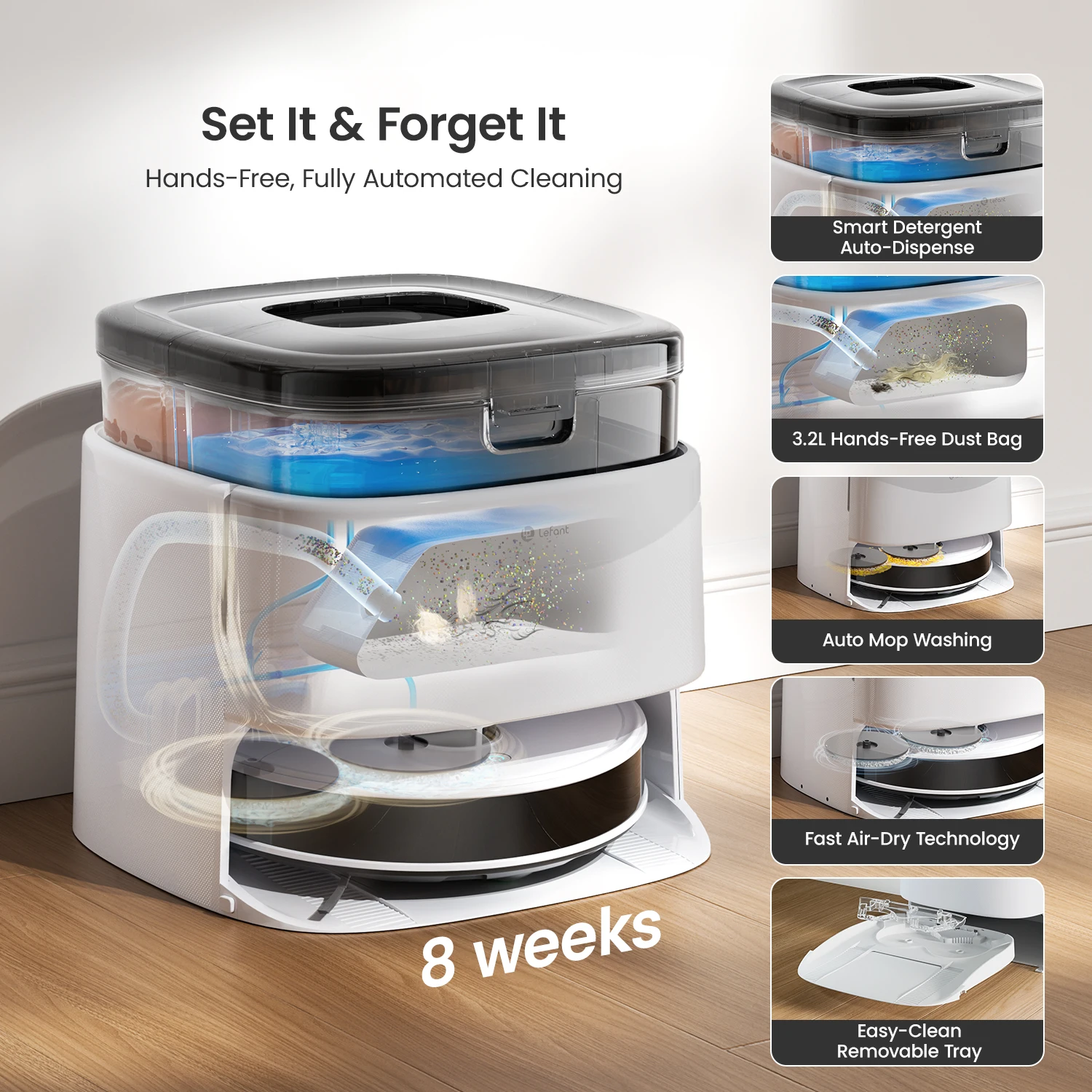 LEFANT Robot Vacuum Cleaner with Mapping, 12000Pa Suction, Emptying Station, Automatic Washing and Drying, DTOF Laser
